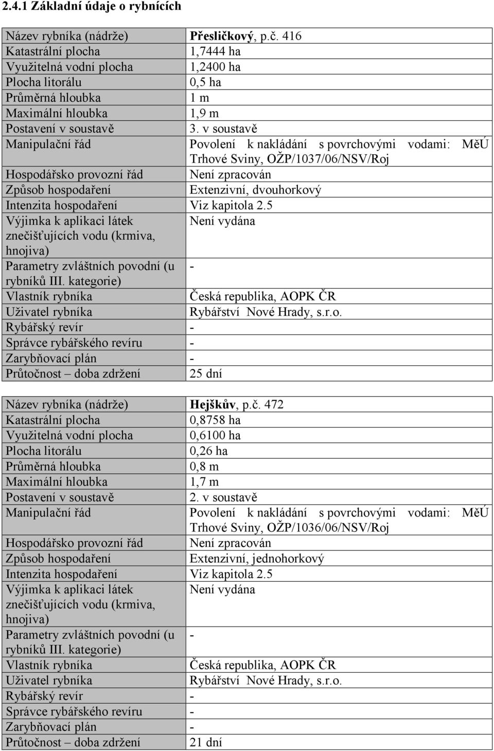 v soustavě Manipulační řád Povolení k nakládání s povrchovými vodami: MěÚ Trhové Sviny, OŽP/1037/06/NSV/Roj Hospodářsko provozní řád Není zpracován Způsob hospodaření Extenzivní, dvouhorkový