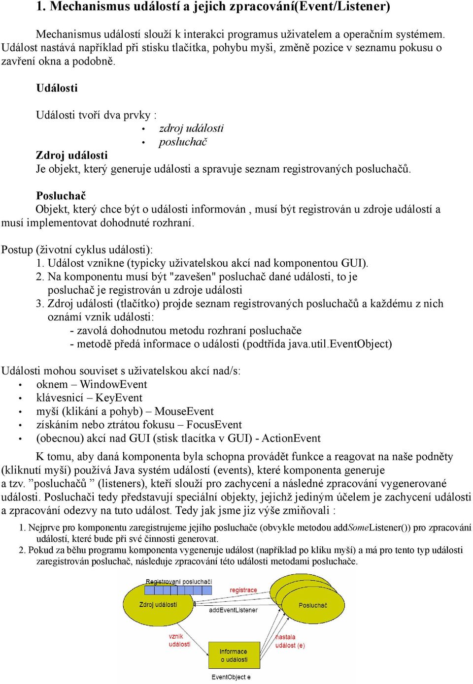 Události Události tvoří dva prvky : zdroj události posluchač Zdroj události Je objekt, který generuje události a spravuje seznam registrovaných posluchačů.