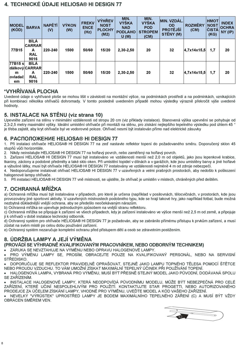 OD PROTĚJŠÍ STĚNY (M) ROZMĚRY (СМ) *VYHŘÍVANÁ PLOCHA Uvedené údaje o vyhřívané ploše se mohou lišit v závislosti na montážní výšce, na podmínkách prostředí a na podmínkách, vznikajících při kombinaci