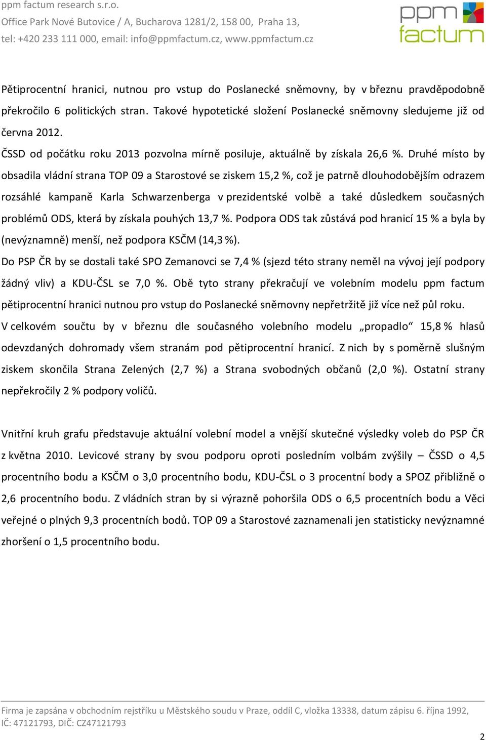 Druhé místo by obsadila vládní strana TOP 09 a Starostové se ziskem 15,2 %, což je patrně dlouhodobějším odrazem rozsáhlé kampaně Karla Schwarzenberga v prezidentské volbě a také důsledkem současných