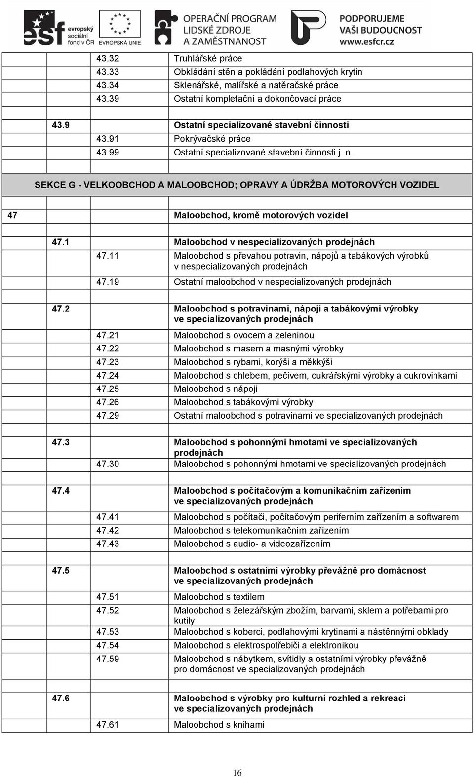 SEKCE G - VELKOOBCHOD A MALOOBCHOD; OPRAVY A ÚDRŽBA MOTOROVÝCH VOZIDEL 47 Maloobchod, kromě motorových vozidel 47.1 Maloobchod v nespecializovaných prodejnách 47.