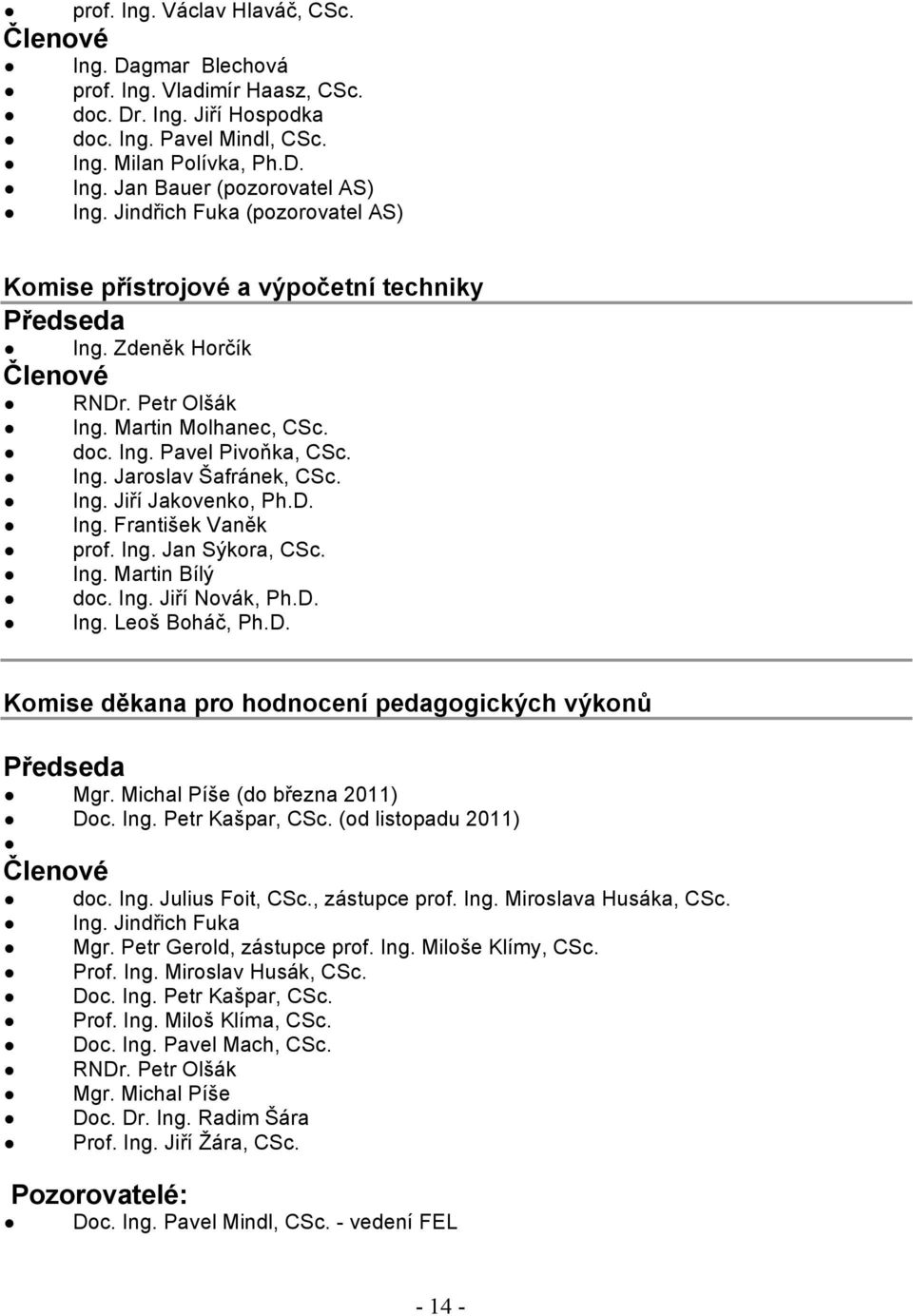 Ing. Jiří Jakovenko, Ph.D. Ing. František Vaněk prof. Ing. Jan Sýkora, CSc. Ing. Martin Bílý doc. Ing. Jiří Novák, Ph.D. Ing. Leoš Boháč, Ph.D. Komise děkana pro hodnocení pedagogických výkonů Předseda Mgr.