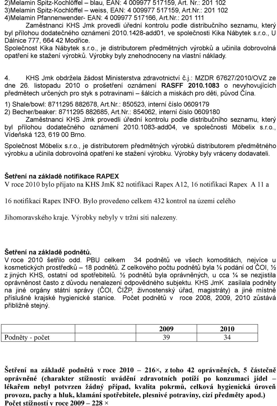 Výrobky byly znehodnoceny na vlastní náklady. 4. KHS Jmk obdrţela ţádost Ministerstva zdravotnictví č.j.: MZDR 67627/2010/OVZ ze dne 26. listopadu 2010 o prošetření oznámení RASFF 2010.