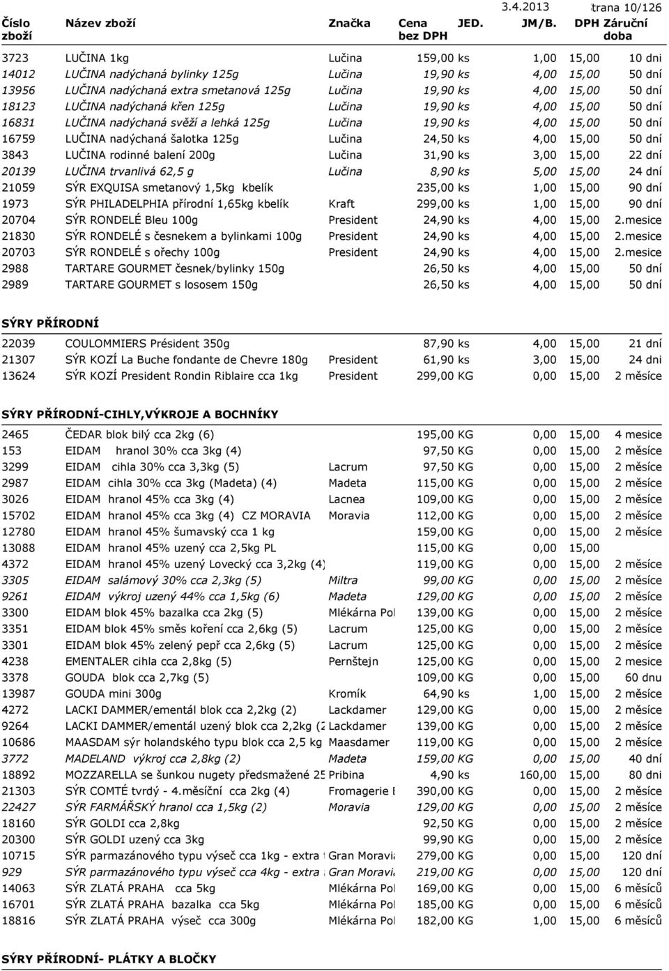 31,90 ks 3,00 20139 LUČINA trvanlivá 62,5 g Lučina 8,90 ks 5,00 21059 SÝR EXQUISA smetanový 1,5kg kbelík 235,00 ks 1973 SÝR PHILADELPHIA přírodní 1,65kg kbelík Kraft 299,00 ks 20704 SÝR RONDELÉ Bleu