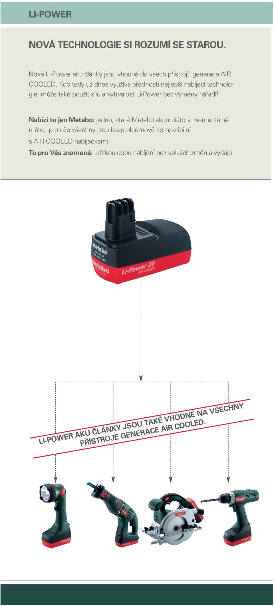 Nabízí to jen Metabo: jedno, které Metabo akumulátory momentálně máte, protože všechny jsou bezproblémově kompatibilní s AIR COOLED