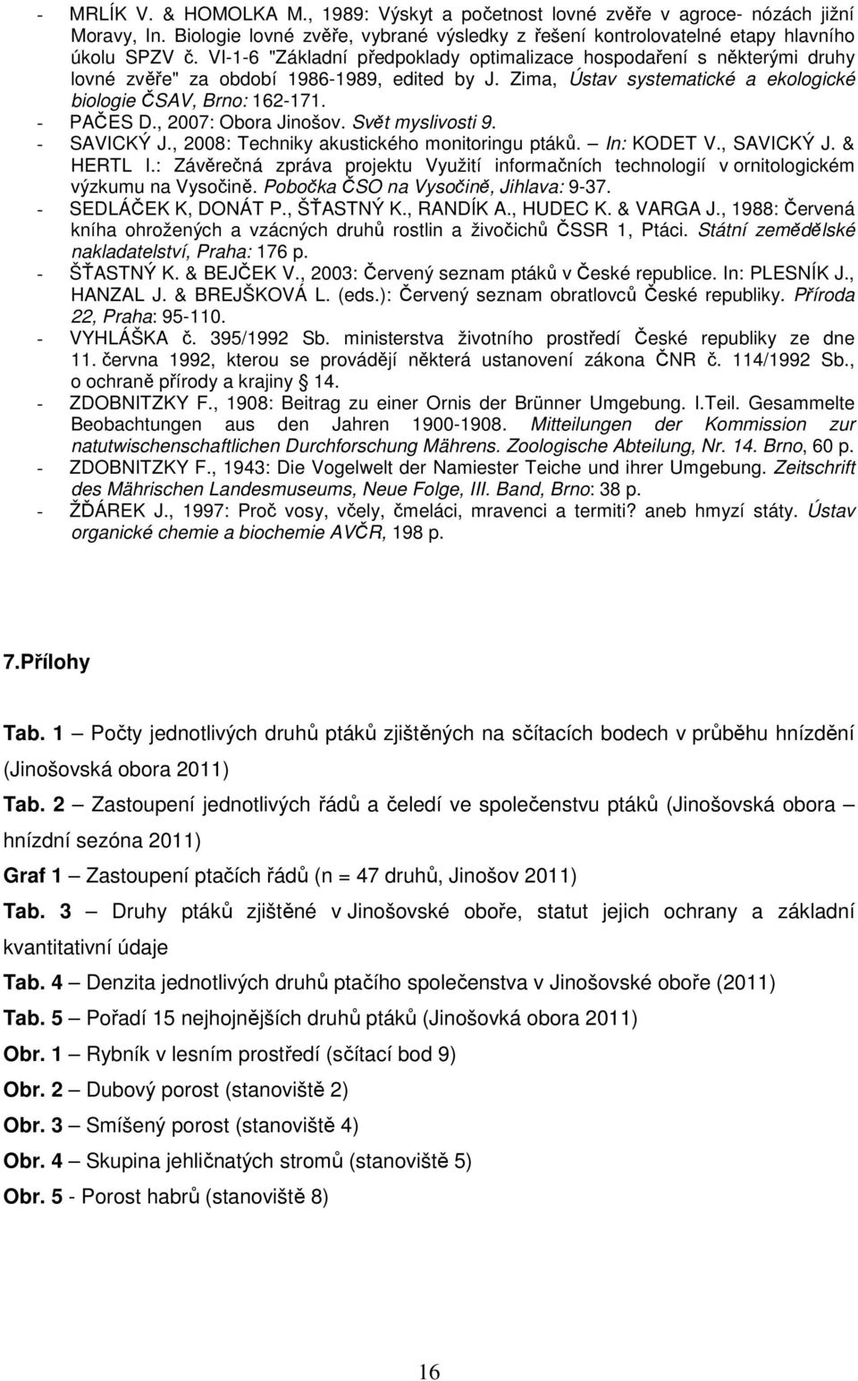 , 2007: Obora Jinošov. Svět myslivosti 9. - SAVICKÝ J., 2008: Techniky akustického monitoringu ptáků. In: KODET V., SAVICKÝ J. & HERTL I.