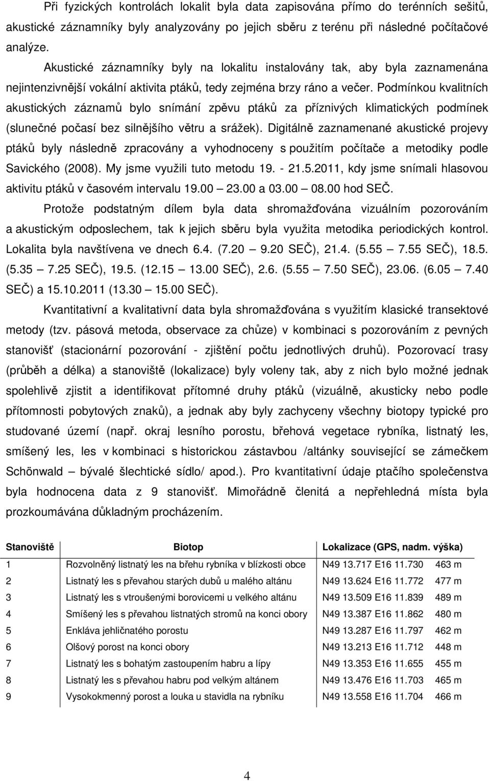 Podmínkou kvalitních akustických záznamů bylo snímání zpěvu ptáků za příznivých klimatických podmínek (slunečné počasí bez silnějšího větru a srážek).