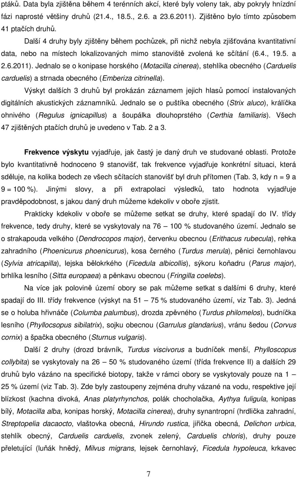 Další 4 druhy byly zjištěny během pochůzek, při nichž nebyla zjišťována kvantitativní data, nebo na místech lokalizovaných mimo stanoviště zvolená ke sčítání (6.4., 19.5. a 2.6.2011).