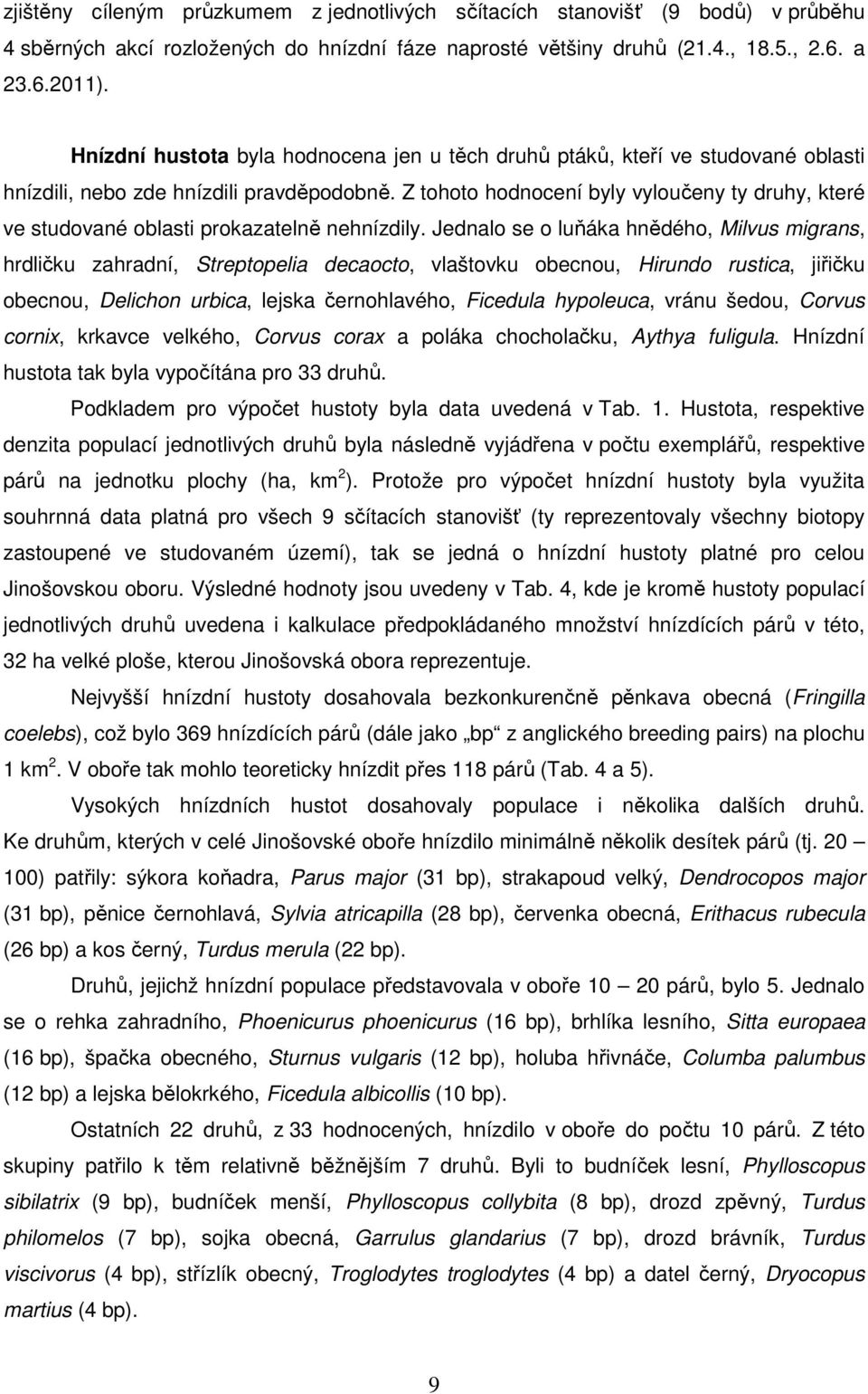 Z tohoto hodnocení byly vyloučeny ty druhy, které ve studované oblasti prokazatelně nehnízdily.