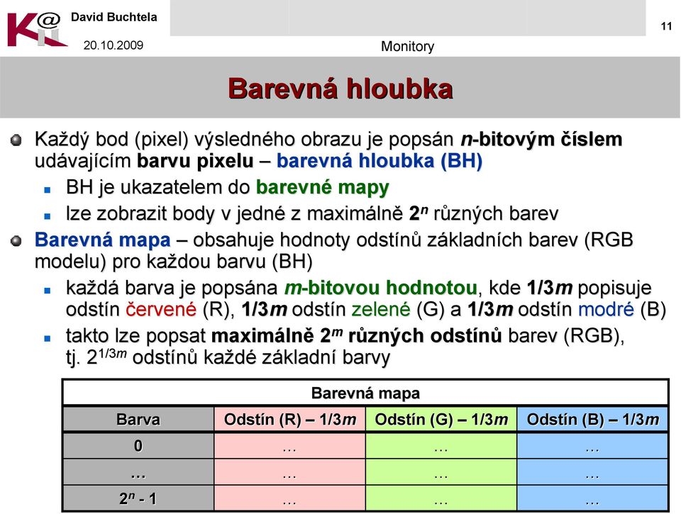 (BH) každá barva je popsána m-bitovou hodnotou,, kde 1/3m popisuje odstín červené (R), 1/3m odstín zelené (G) a 1/3m odstín modré (B) takto lze popsat