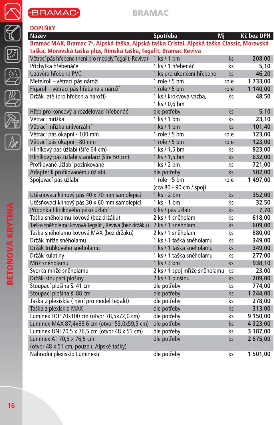 Metalroll - větrací pás nároží 1 role / 5 bm role 1 733,00 Figaroll - větrací pás hřebene a nároží 1 role / 5 bm role 1 140,00 Držák latě (pro hřeben a nároží) 1 ks / krokvová vazba, ks 48,50 1 ks /