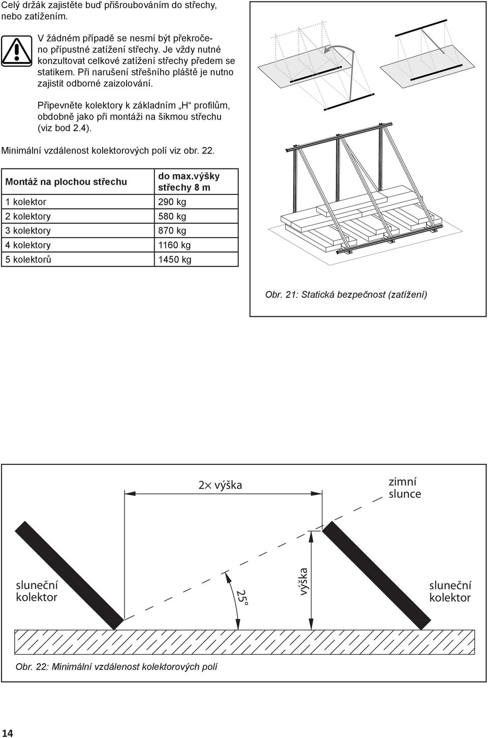 Připevněte kolektory k základním H profi lům, obdobně jako při montáži na šikmou střechu (viz bod 2.4). Minimální vzdálenost kolektorových polí viz obr. 22.