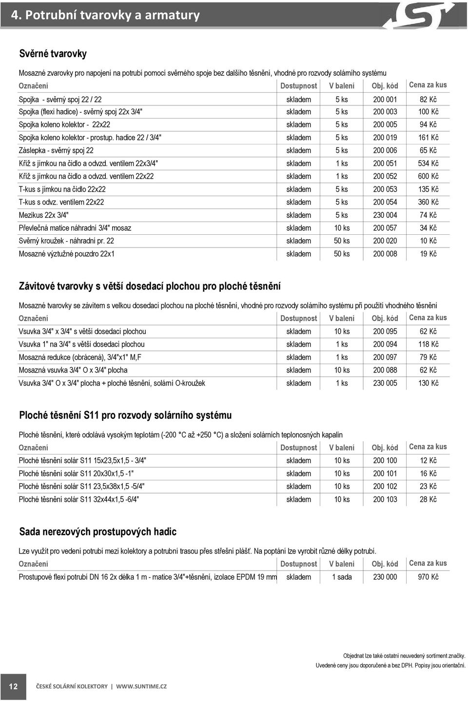 hadice 22 / 3/4" 5 ks 200 019 161 Kč Záslepka - svěrný spoj 22 5 ks 200 006 65 Kč Kříž s jímkou na čidlo a odvzd. ventilem 22x3/4" 1 ks 200 051 534 Kč Kříž s jímkou na čidlo a odvzd.