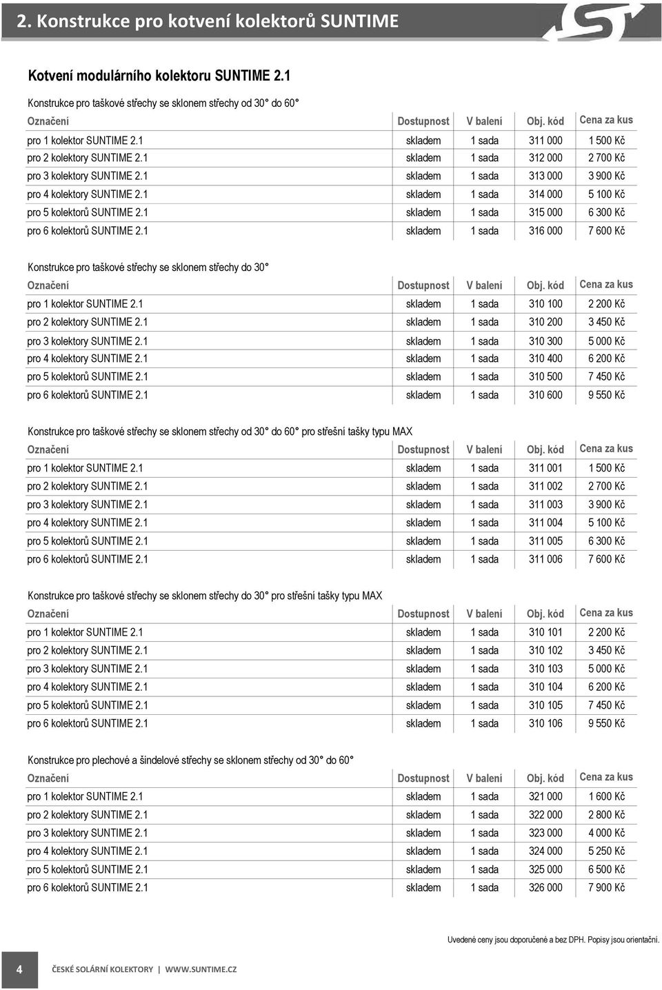 1 314 000 315 000 5 100 Kč 6 300 Kč pro 6 kolektorů SUNTIME 2.1 316 000 7 600 Kč Konstrukce pro taškové střechy se sklonem střechy do 30 pro 1 kolektor SUNTIME 2.