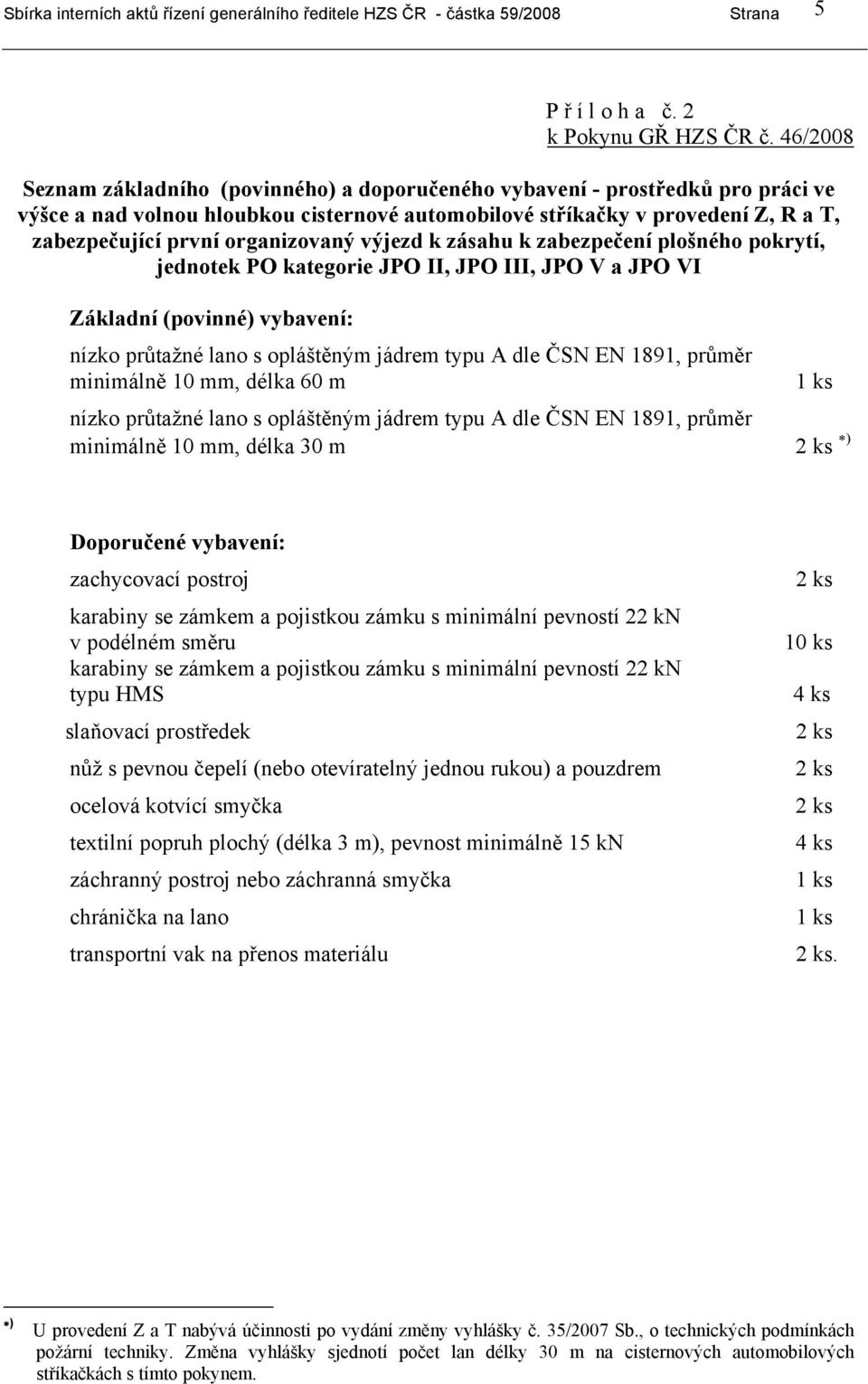 organizovaný výjezd k zásahu k zabezpečení plošného pokrytí, jednotek PO kategorie JPO II, JPO III, JPO V a JPO VI Základní (povinné) vybavení: nízko průtažné lano s opláštěným jádrem typu A dle ČSN