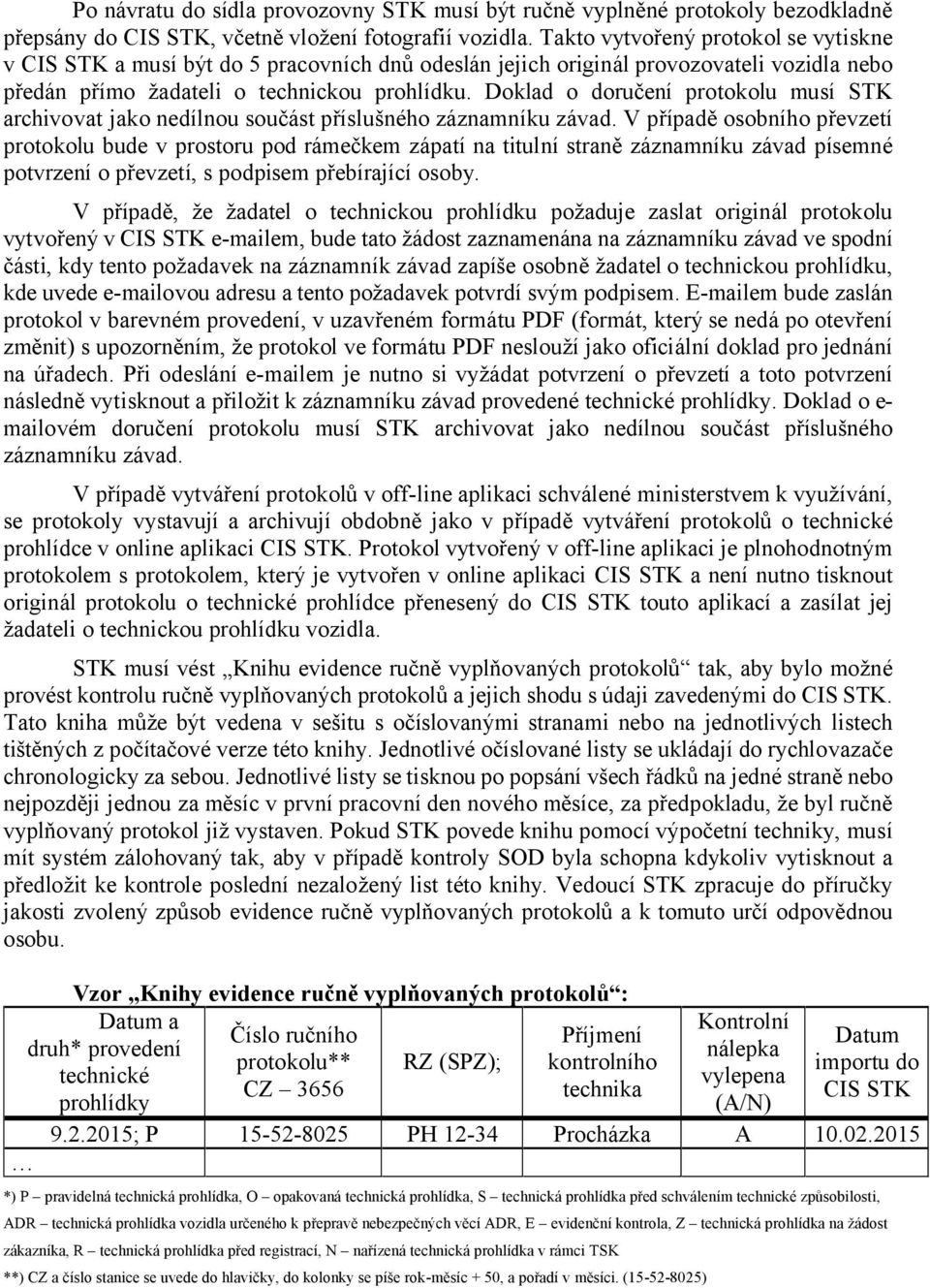 Doklad o doručení protokolu musí STK archivovat jako nedílnou součást příslušného záznamníku závad.