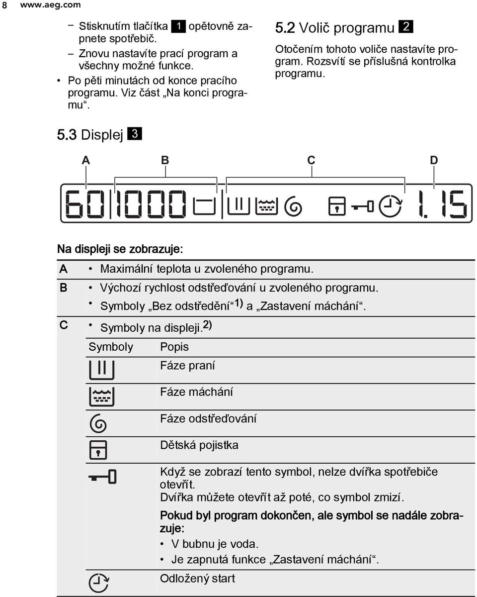 Výchozí rychlost odstřeďování u zvoleného programu. Symboly Bez odstředění 1) a Zastavení máchání. C Symboly na displeji.