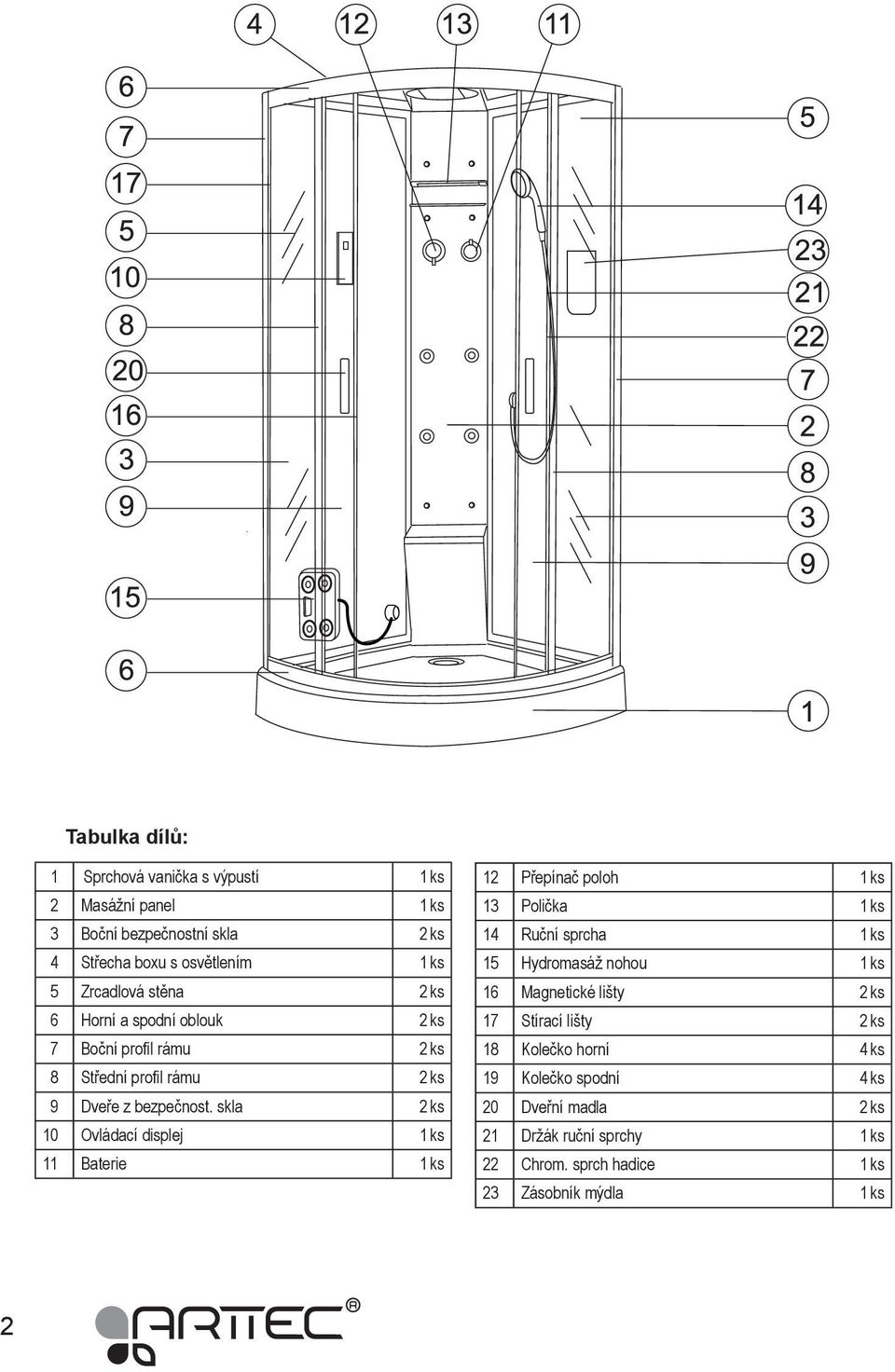 skla 2 ks 10 Ovládací displej 1 ks 11 Baterie 1 ks 12 Přepínač poloh 1 ks 13 Polička 1 ks 14 Ruční sprcha 1 ks 15 Hydromasáž nohou 1 ks 16