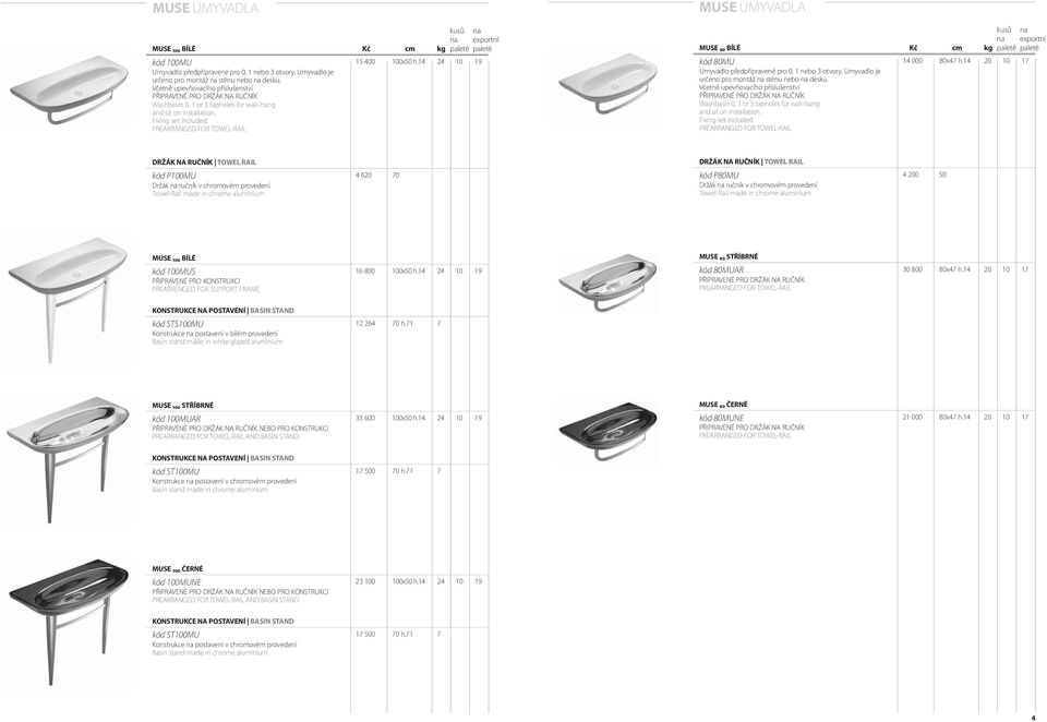 Fixing set included. PREARRANGED FOR TOWEL-RAIL paletě MUSE 80 BÍLÉ paletě paletě kód 80MU 14 000 80x47 h.14 20 10 17 Umyvadlo předpřipravené pro 0, 1 nebo 3 otvory.  Fixing set included.