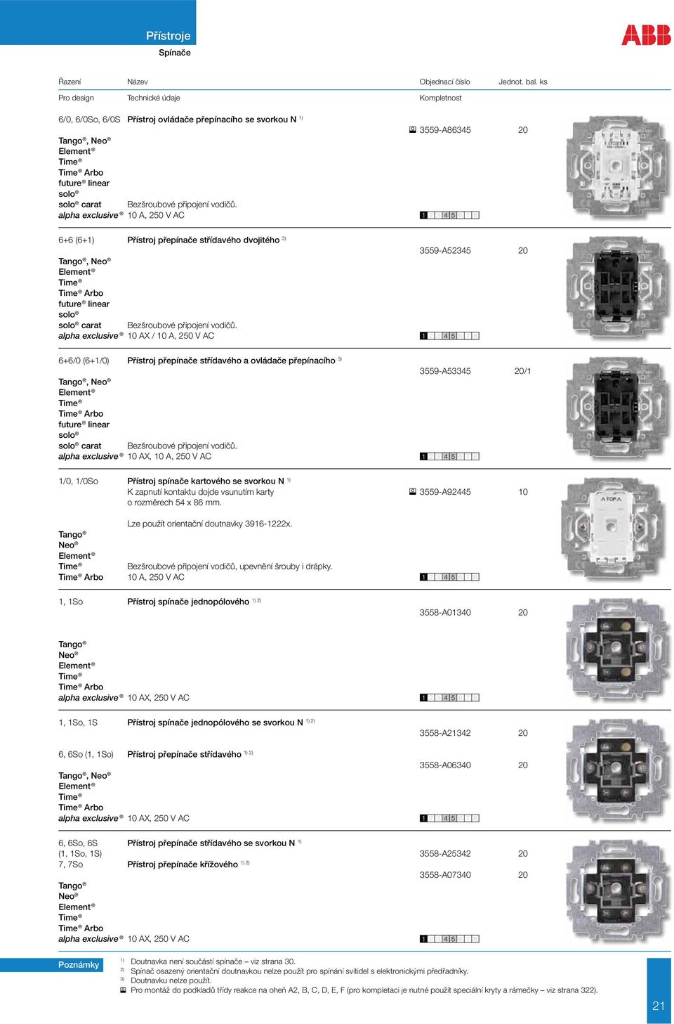 alpha exclusive 10 AX / 10 A, 250 V AC 3559-A52345 20 6+6/0 (6+1/0) Přístroj přepínače střídavého a ovládače přepínacího 3), Arbo carat Bezšroubové připojení vodičů.