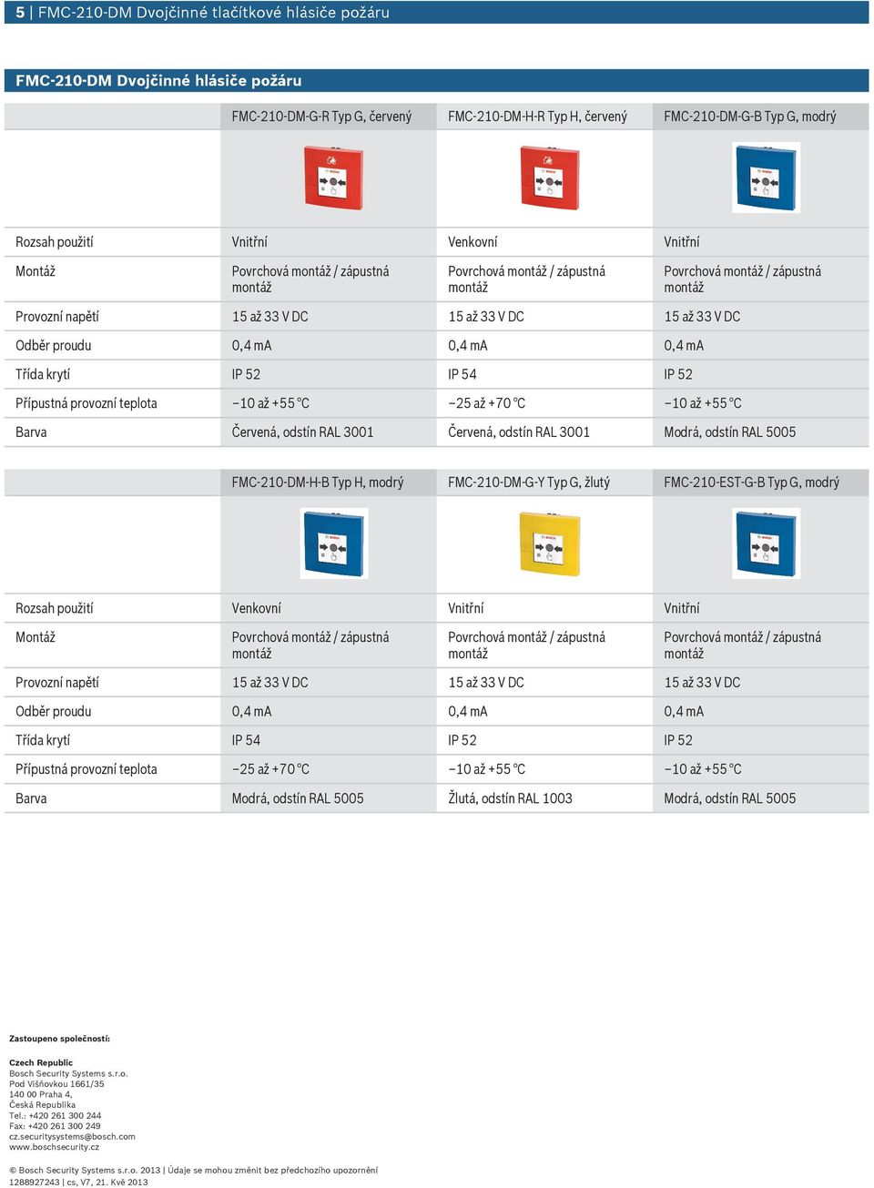 odstín RAL 001 Červená, odstín RAL 001 Modrá, odstín RAL 5005 FMC 10 DM H B Typ H, modrý FMC 10 DM G Y Typ G, žltý FMC 10 EST G B Typ G, modrý Rozsah požití Venkovní Vnitřní Vnitřní Montáž Provozní