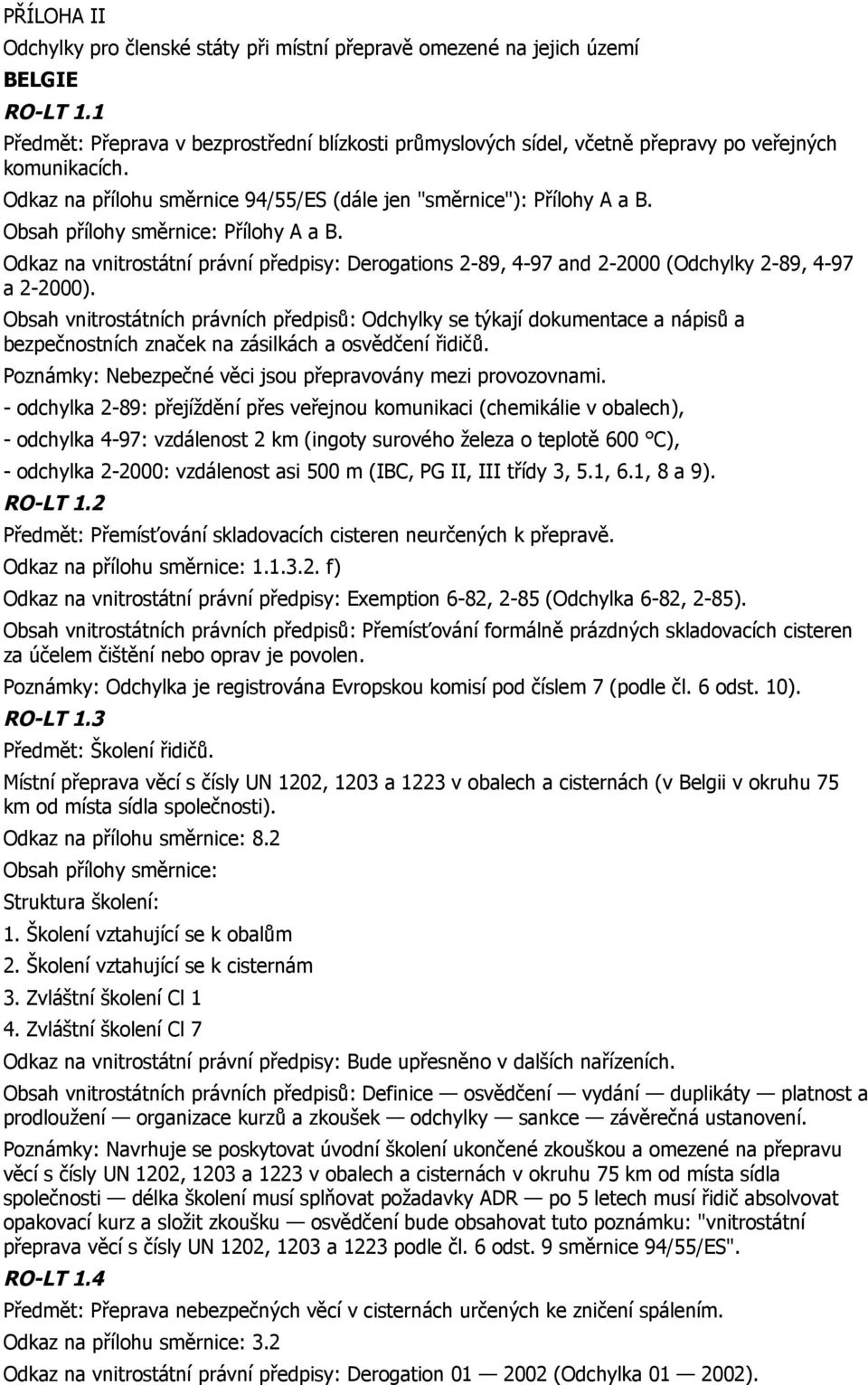 Obsah přílohy směrnice: Přílohy A a B. Odkaz na vnitrostátní právní předpisy: Derogations 2-89, 4-97 and 2-2000 (Odchylky 2-89, 4-97 a 2-2000).