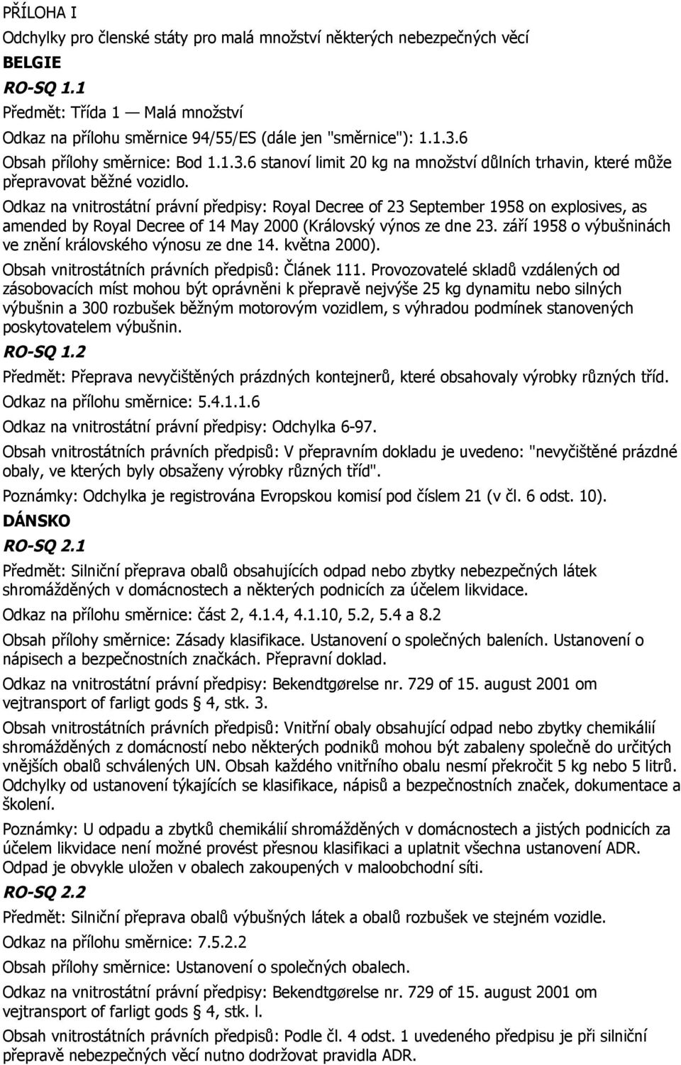 Odkaz na vnitrostátní právní předpisy: Royal Decree of 23 September 1958 on explosives, as amended by Royal Decree of 14 May 2000 (Královský výnos ze dne 23.