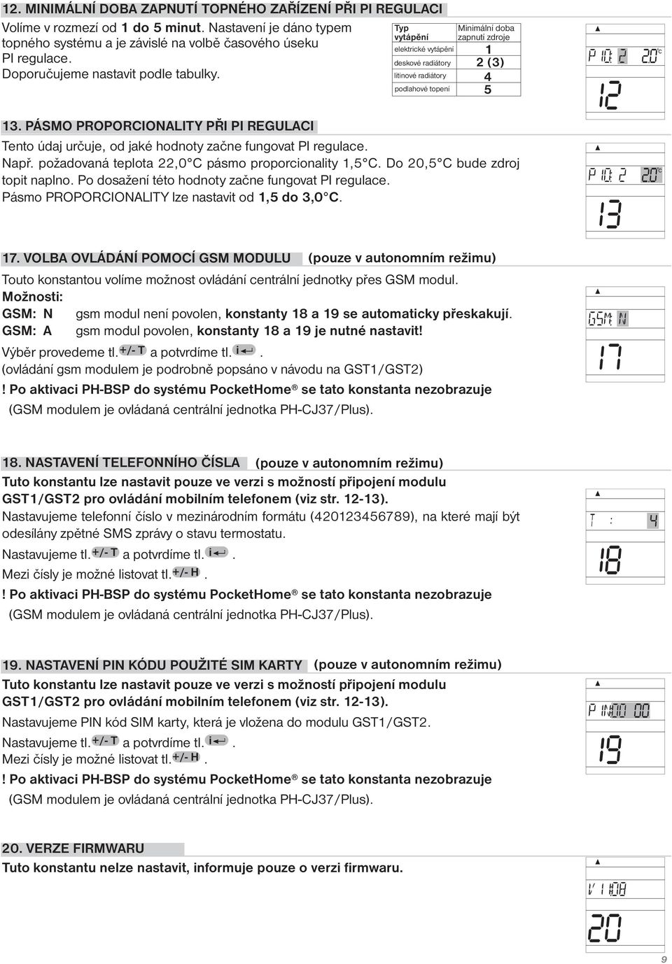 PÁSMO PROPORCIONALITY PŘI PI REGULACI Tento údaj určuje, od jaké hodnoty začne fungovat PI regulace. Např. požadovaná teplota 22,0 C pásmo proporcionality 1,5 C. Do 20,5 C bude zdroj topit naplno.