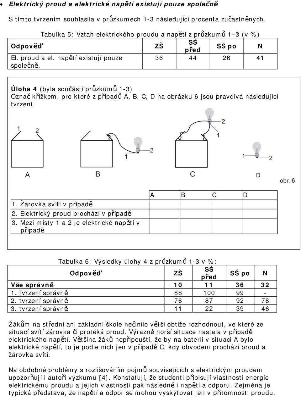 36 44 26 41 Úloha 4 (byla součástí průzkumů 1-3) Označ křížkem, pro které z případů A, B, C, D na obrázku 6 jsou pravdivá následující tvrzení. 1. Žárovka svítí v případě 2.