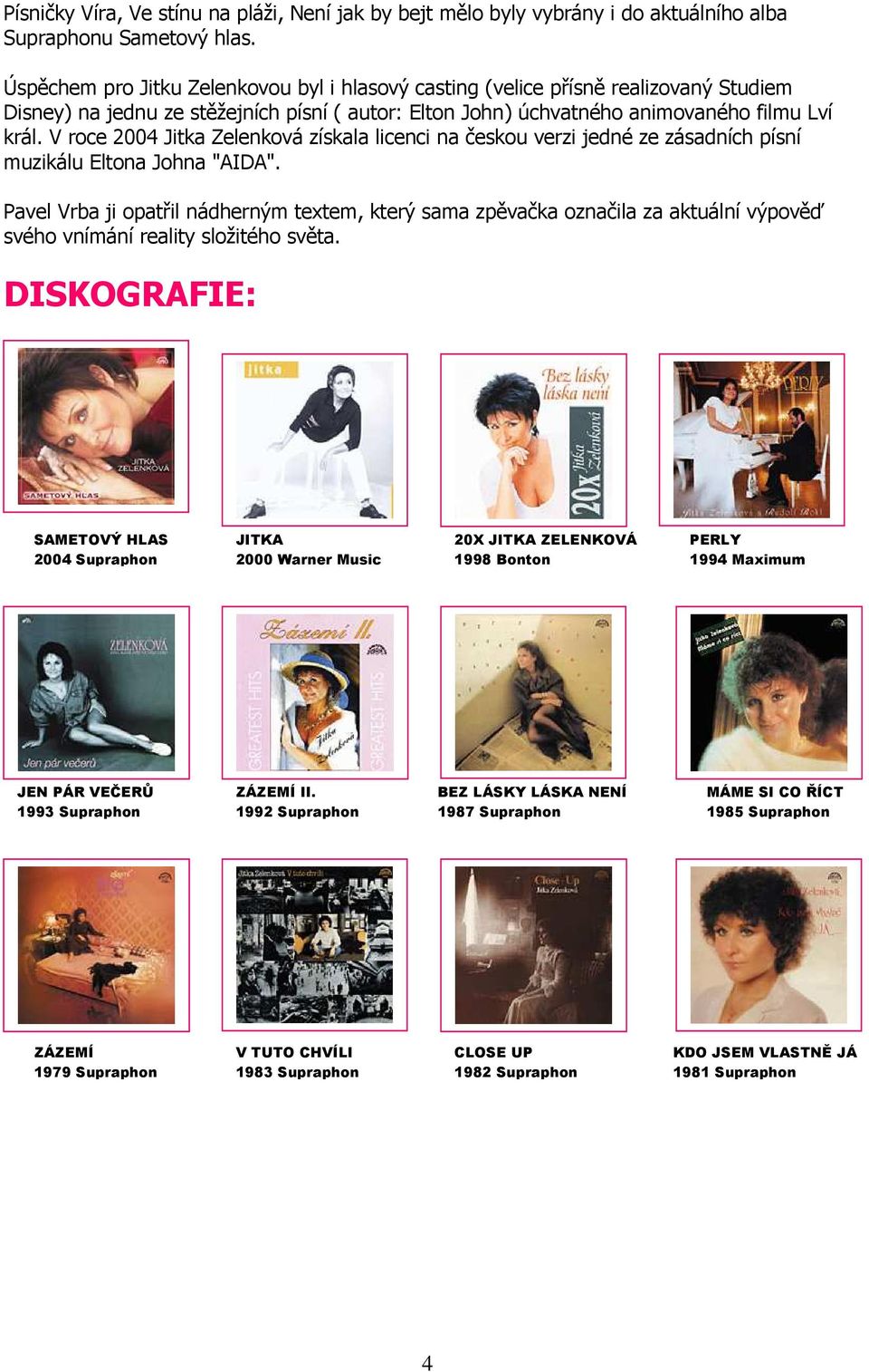 V roce 2004 Jitka Zelenková získala licenci na českou verzi jedné ze zásadních písní muzikálu Eltona Johna "AIDA".
