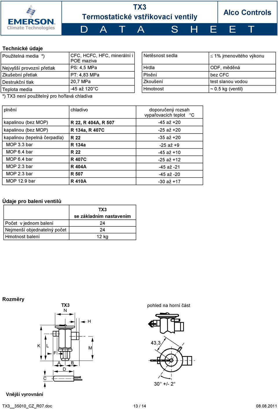 5 kg (ventil) *) TX3 není použitelný pro hořlavá chladiva plnění chladivo doporučený rozsah vypařovacích teplot C kapalinou (bez MOP) R 22, R 404A, R 507-45 až +20 kapalinou (bez MOP) R 134a, R 407C