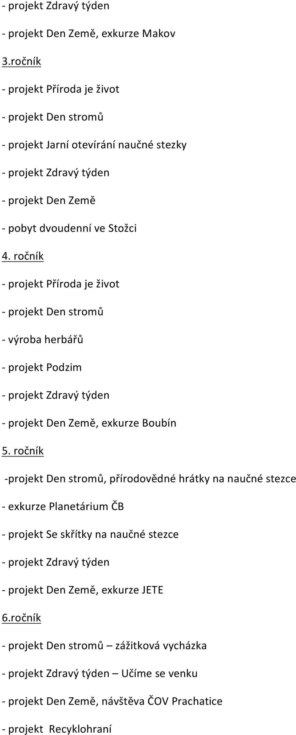 ročník - projekt Příroda je život - projekt Den stromů - výroba herbářů - projekt Podzim - projekt Zdravý týden - projekt Den Země, exkurze Boubín 5.