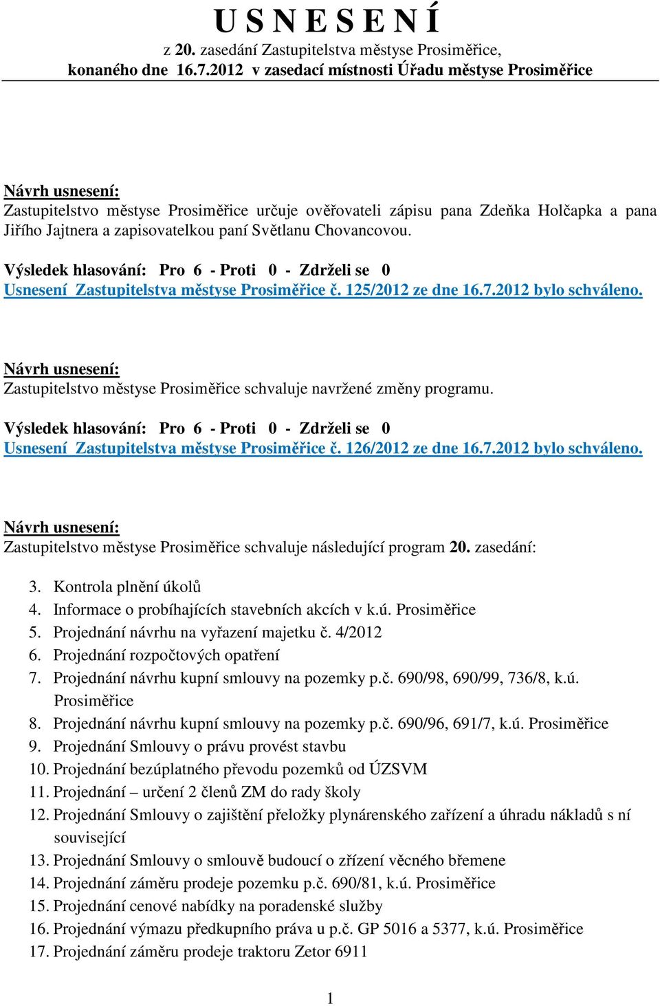 Usnesení Zastupitelstva městyse Prosiměřice č. 125/2012 ze dne 16.7.2012 bylo schváleno. Zastupitelstvo městyse Prosiměřice schvaluje navržené změny programu.