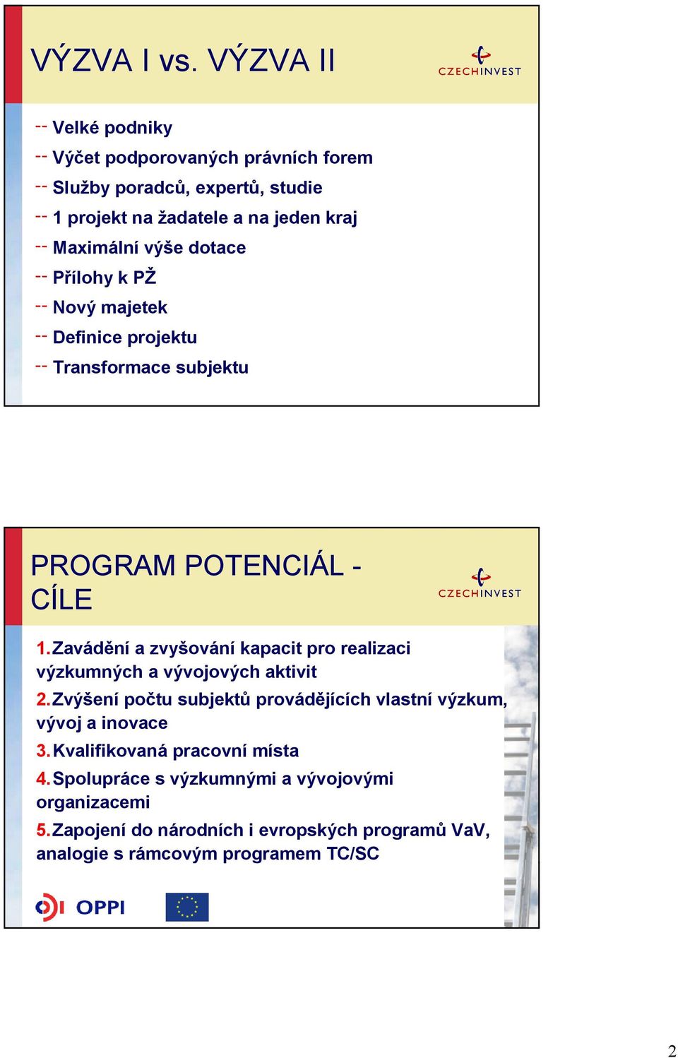 dotace Přílohy k PŽ Nový majetek Definice projektu Transformace subjektu PROGRAM POTENCIÁL - CÍLE 1.