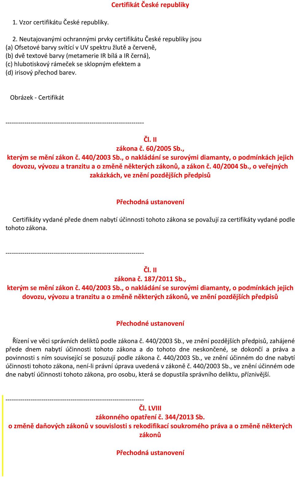 se sklopným efektem a (d) irisový přechod barev. Obrázek - Certifikát Čl. II zákona č. 60/2005 Sb., kterým se mění zákon č. 440/2003 Sb.