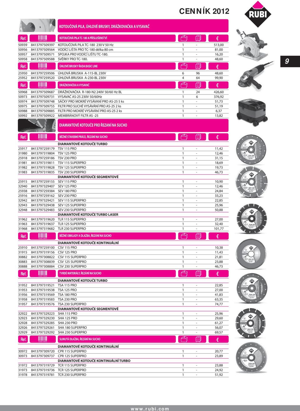 1-48,60 25950 8413797259506 ÚHLOVÁ BRUSKA A-115-BL 230V 6 96 48,60 25952 8413797259520 ÚHLOVÁ BRUSKA A-230-BL 230V 4 64 99,90 KOTOUČOVÁ PILA TC-180 A PŘÍSLUŠENSTVÍ ÚHLOVÉ BRUSKY ŘADA BASIC LINE