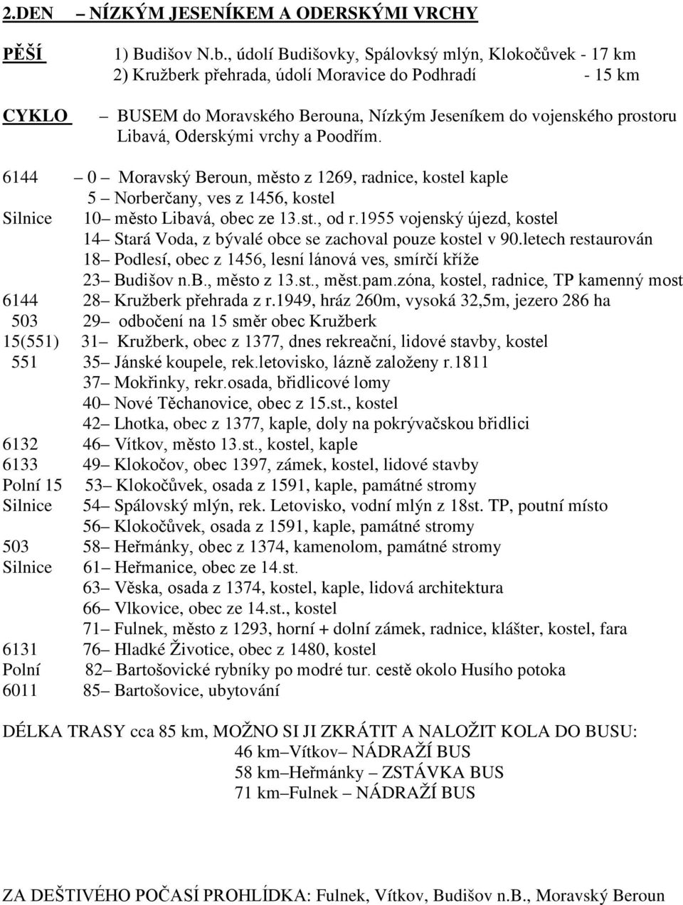 vrchy a Poodřím. 6144 0 Moravský Beroun, město z 1269, radnice, kostel kaple 5 Norberčany, ves z 1456, kostel Silnice 10 město Libavá, obec ze 13.st., od r.