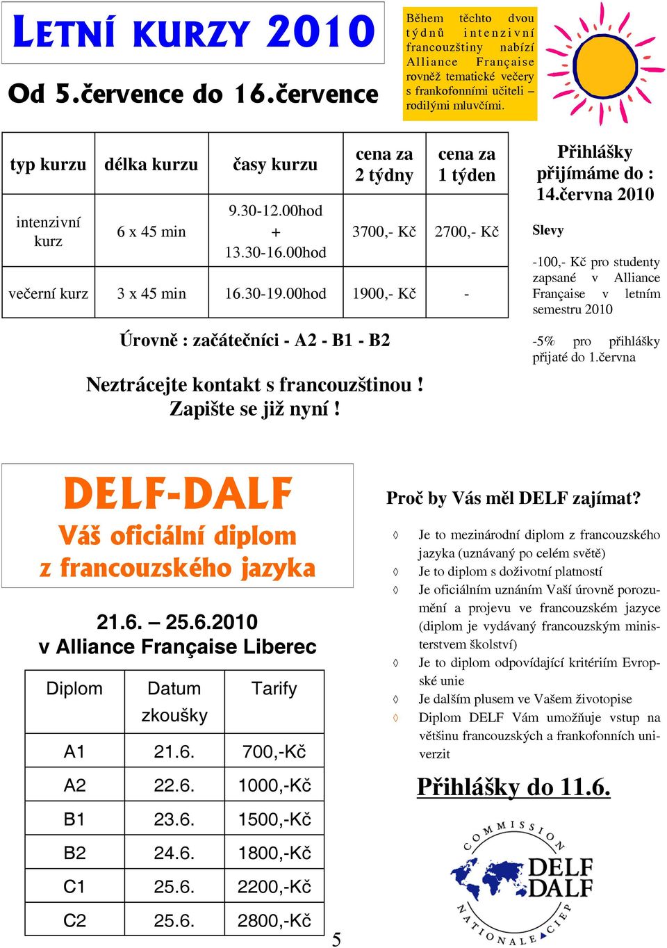 00hod cena za 2 týdny Úrovně : začátečníci - A2 - B1 - B2 cena za 1 týden 3700,- Kč 2700,- Kč večerní kurz 3 x 45 min 16.30-19.00hod 1900,- Kč - Neztrácejte kontakt s francouzštinou!