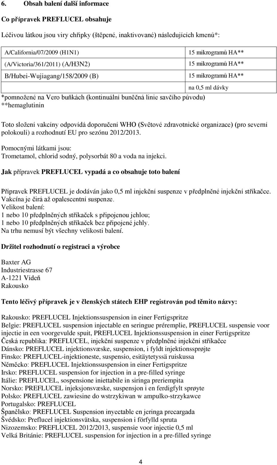 zdravotnické organizace) (pro severní polokouli) a rozhodnutí EU pro sezónu 2012/2013. Pomocnými látkami jsou: Trometamol, chlorid sodný, polysorbát 80 a voda na injekci.