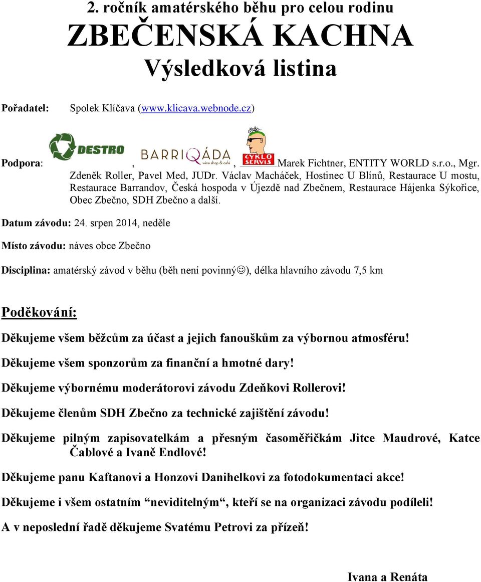 Václav Macháček, Hostinec U Blínů, Restaurace U mostu, Restaurace Barrandov, Česká hospoda v Újezdě nad Zbečnem, Restaurace Hájenka Sýkořice, Obec Zbečno, SDH Zbečno a další. Datum závodu: 24.