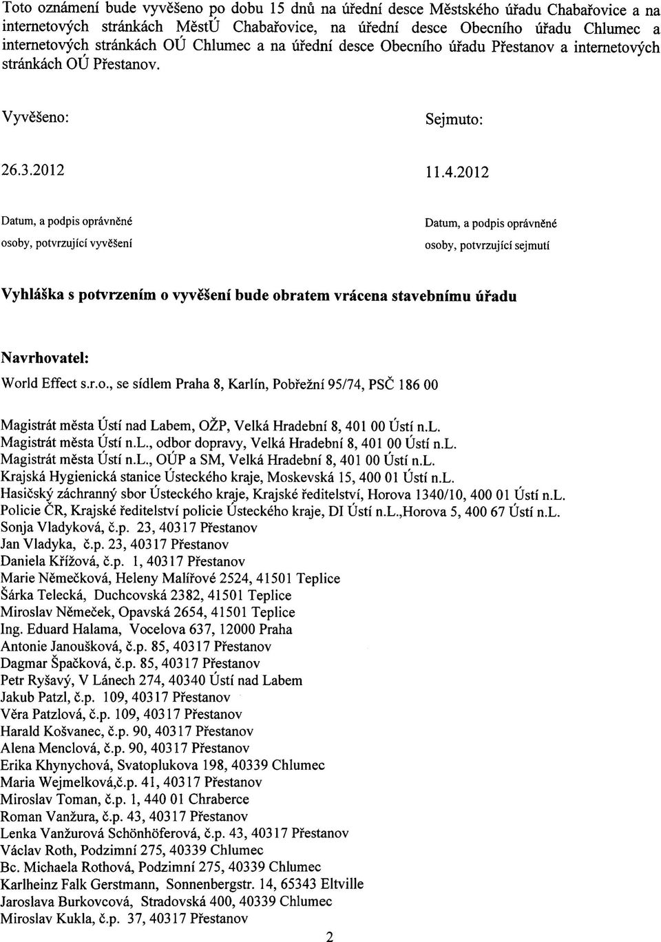 2012 Datum, a podpis opravndnd osoby, potvrzuj ici vyvgseni Datum, a podpis opravngn6 osoby, potvrzuj ici sejmutf Vyhlaska s potvrzenim o vyveseni bude obratem vracena stavebnimu ufadu Navrhovatel: