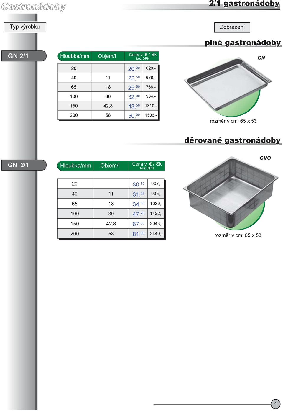 rzměr v cm: x 53 děrvané gastrnádby 2/1 Hlubka/mm Objem/l Cena v / Sk GVO 30, 10 907,- 11