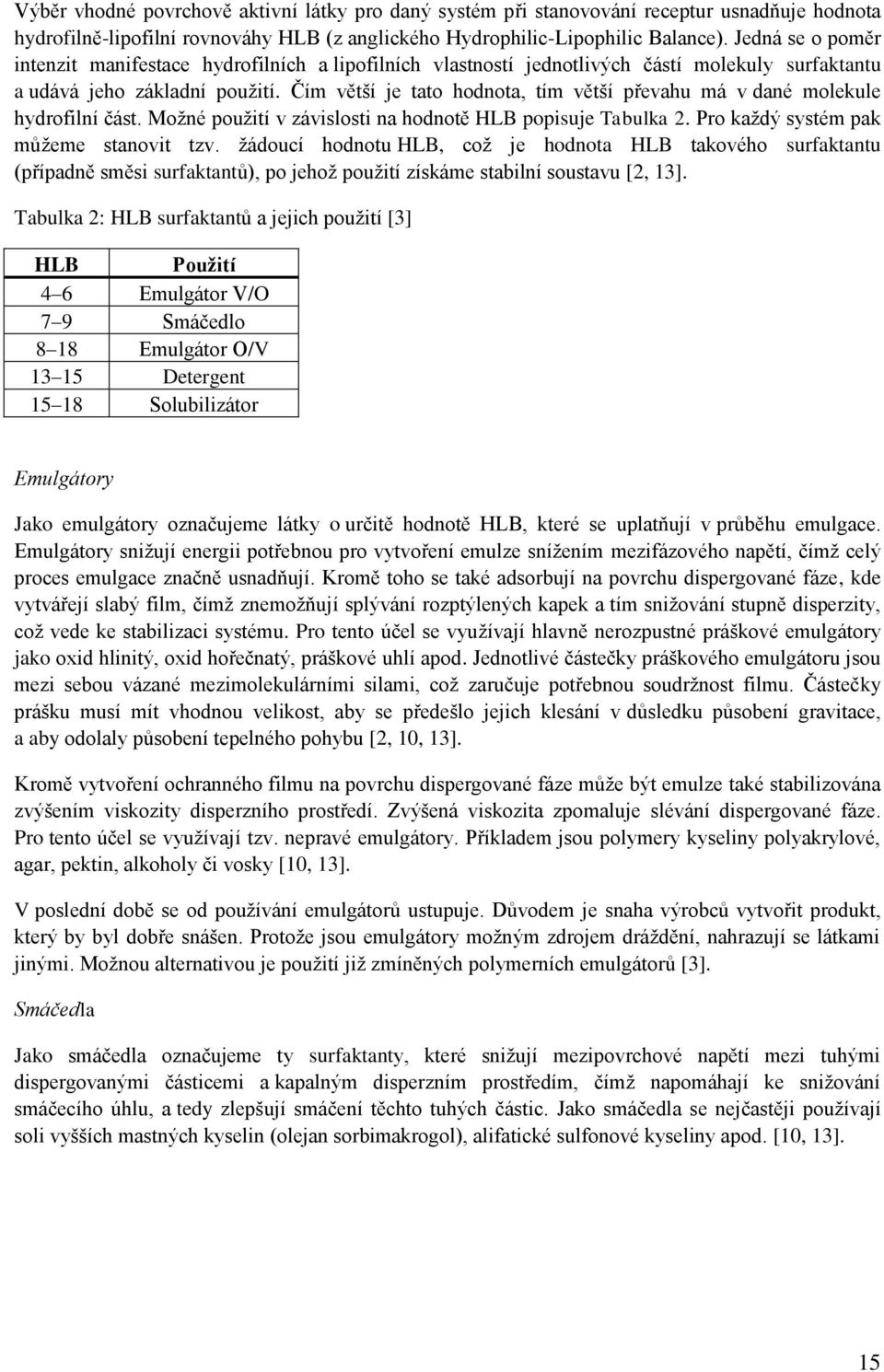 Čím větší je tato hodnota, tím větší převahu má v dané molekule hydrofilní část. Možné použití v závislosti na hodnotě HLB popisuje Tabulka 2. Pro každý systém pak můžeme stanovit tzv.