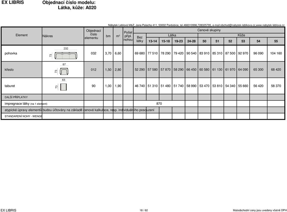 970 64 090 65 300 68 420 taburet 90 1,00 1,90 46 740 51 310 51 480 51 740 58 990 53 470 53 810 54 340 55 660 56 420 58 370 DALŠÍ PŘÍPLATKY impregnace látky (na 1 element)