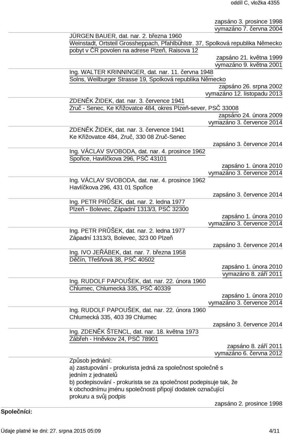 června 1948 Solns, Weilburger Strasse 19, Spolková republika Německo zapsáno 26. srpna 2002 vymazáno 12. listopadu 2013 ZDENĚK ŽIDEK, dat. nar. 3.