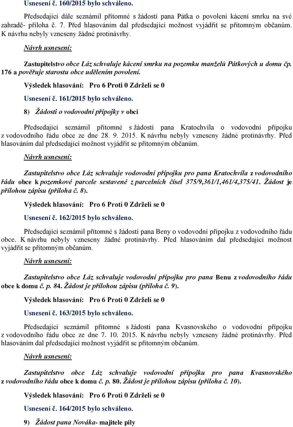 Zastupitelstvo obce Láz schvaluje kácení smrku na pozemku manželů Pátkových u domu čp. 176 a pověřuje starostu obce udělením povolení. Usnesení č. 161/2015 bylo schváleno.