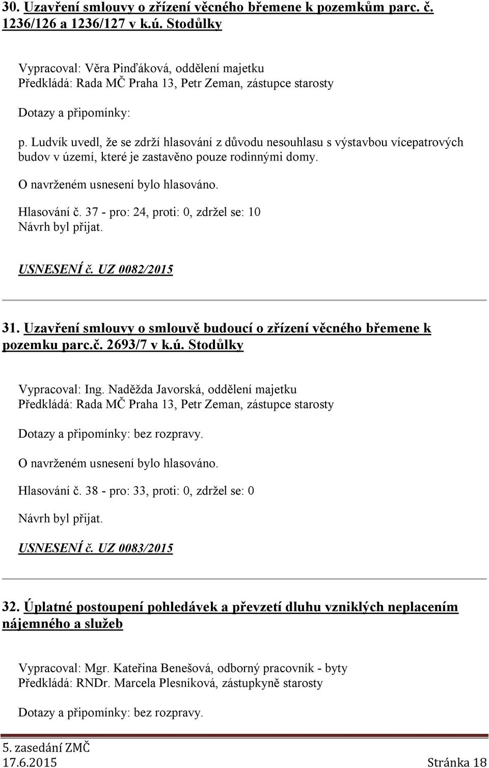 UZ 0082/2015 31. Uzavření smlouvy o smlouvě budoucí o zřízení věcného břemene k pozemku parc.č. 2693/7 v k.ú. Stodůlky Vypracoval: Ing. Naděžda Javorská, oddělení majetku Hlasování č.