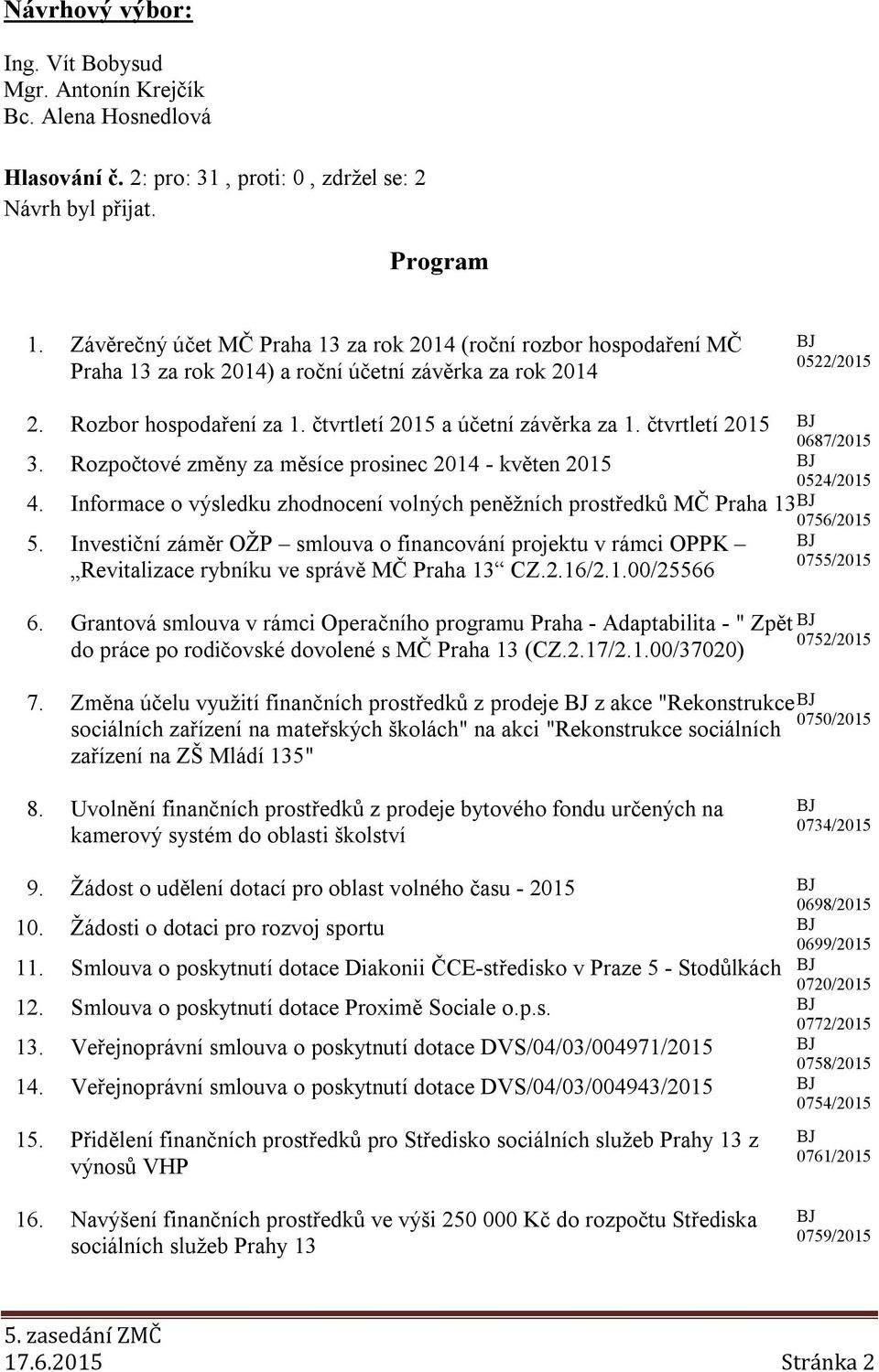 čtvrtletí 2015 0687/2015 3. Rozpočtové změny za měsíce prosinec 2014 - květen 2015 0524/2015 4. Informace o výsledku zhodnocení volných peněžních prostředků MČ Praha 13 5.