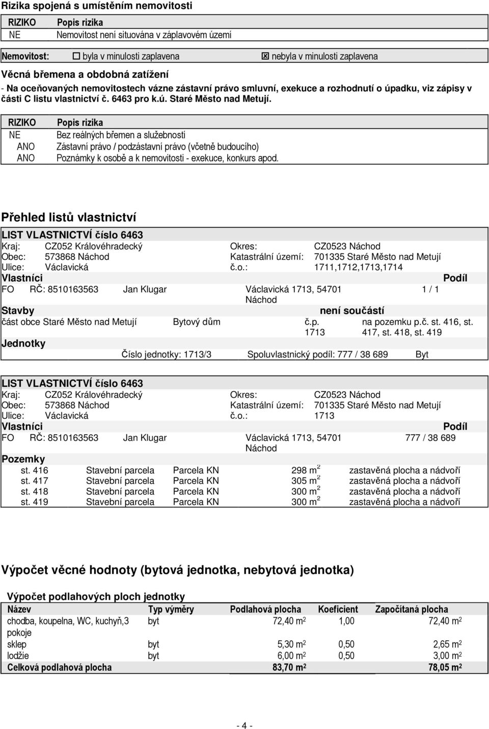 RIZIKO NE ANO ANO Popis rizika Bez reálných břemen a služebností Zástavní právo / podzástavní právo (včetně budoucího) Poznámky k osobě a k nemovitosti - exekuce, konkurs apod.