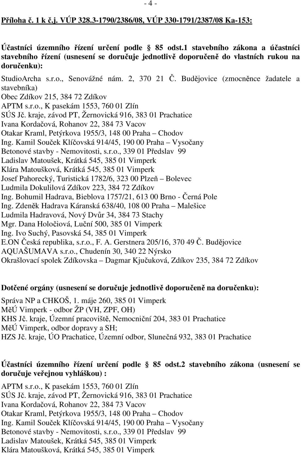 Budějovice (zmocněnce žadatele a stavebníka) Obec Zdíkov 215, 384 72 Zdíkov APTM s.r.o., K pasekám 1553, 760 01 Zlín SÚS Jč.